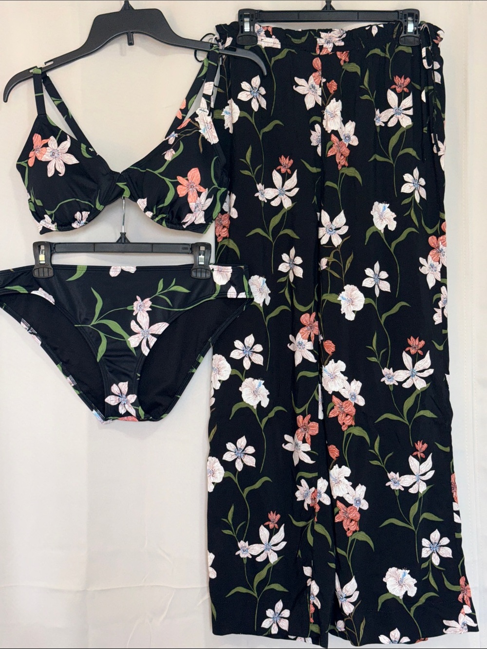 Shade & Shore Black Floral Bikini Set with Matching Pants